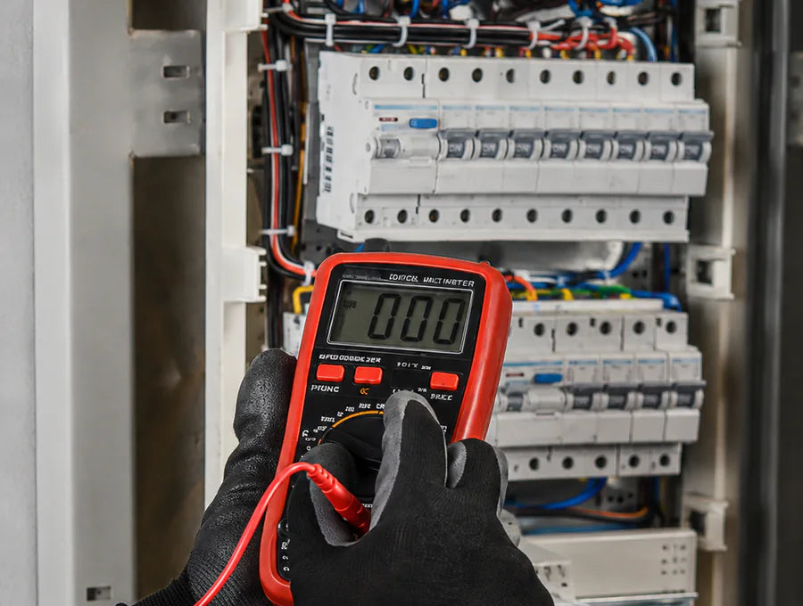 Technician checking an industrial electrical panel with a multimeter